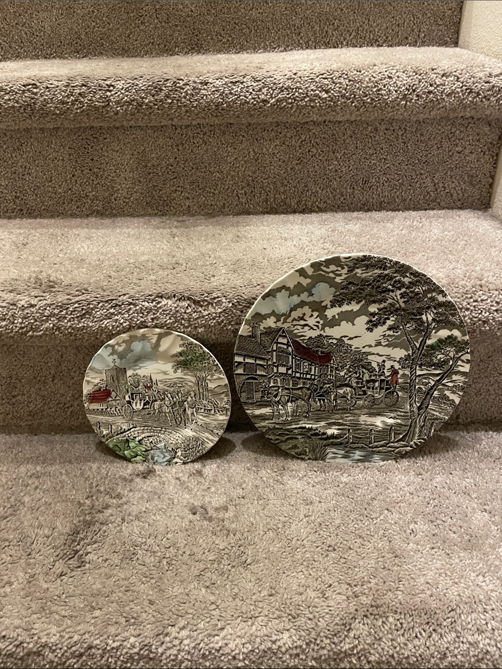 Decorative Scenic Transferware Plates - Beige and Black